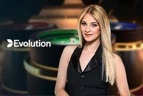 Smiling blonde woman in black attire standing with blurred casino chips in the background and Evolution logo.