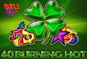 Bright green four-leaf clover with classic slot machine symbols including cherries, red seven, gold bells, purple star, and watermelon slice on a green background with the text '40 Burning Hot' and 'Bell Link'.