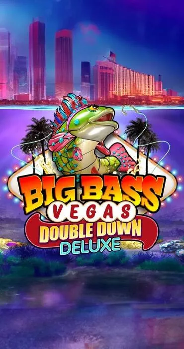Colorful cartoon largemouth bass fish with city skyline and palm trees, text reading Big Bass Vegas Double Down Deluxe.