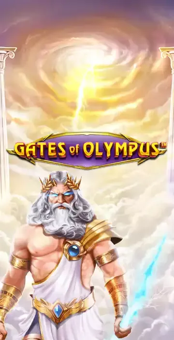 Muscular Zeus with white hair and beard, wearing a golden laurel crown and armor, holding a glowing lightning bolt under the Gates of Olympus text.