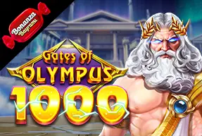 Illustration of Zeus with golden laurel crown beside glowing text 'Gates of Olympus 1000' and a Bonanza Powered logo.