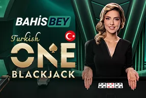 Female dealer at a card table with baccarat cards, advertising Turkish ONE Blackjack and Bahis Bey with a Turkish flag.