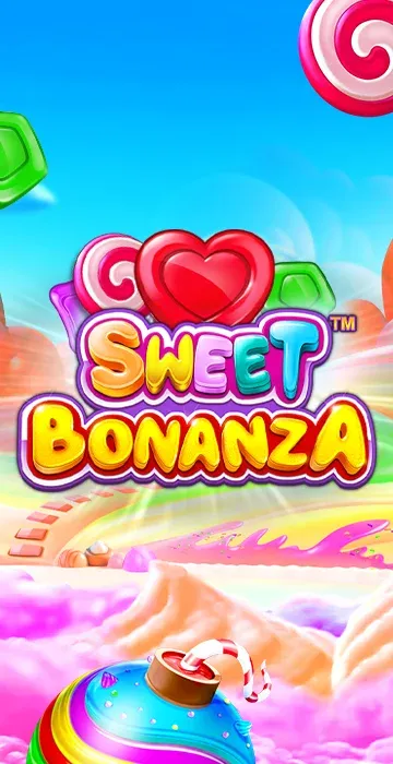 Colorful Sweet Bonanza game logo with candy hearts and lollipops against a bright blue sky and candy-themed landscape.
