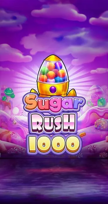 Colorful candy dispenser rocket above the text 'Sugar Rush 1000' with a vibrant purple and pink candy-themed background.