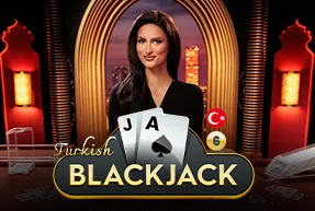 Female dealer in a dark outfit in a warmly lit casino setting with playing cards and Turkish flag symbol, promoting Turkish Blackjack.