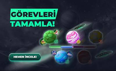 Space-themed progress bar with colorful planets, some marked completed and others not, with Turkish text 'Görevleri Tamamla!' and a button labeled 'Hemen İncele!'
